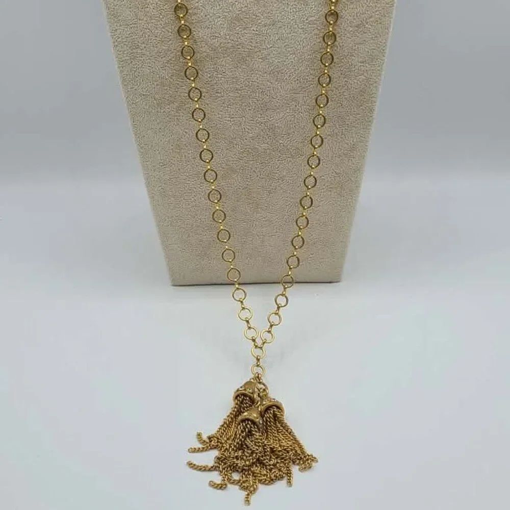 J Crew Gold Tone Triple Tassel Long chain Necklace with Crystals